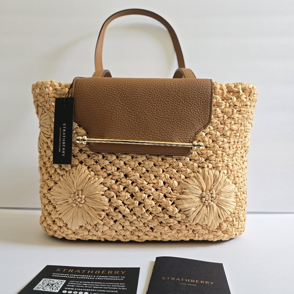 Strathberry Handbags - Strathberry Floral Raffia Basket Tote Straw Tan